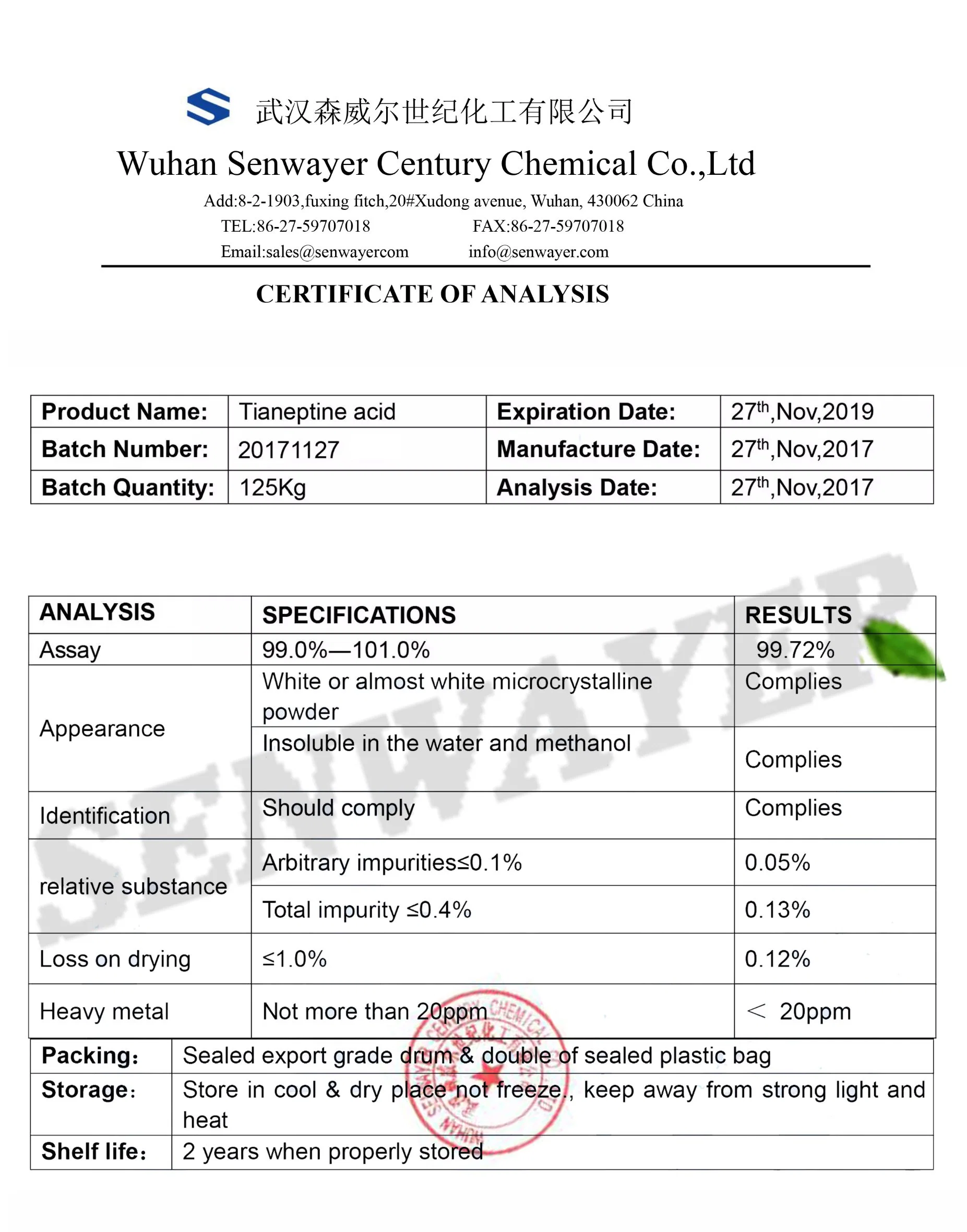 Fábrica de almacén de EE.UU. el precio a granel Thm CAS No 1224690-84-9 Sulfato Tianeptine