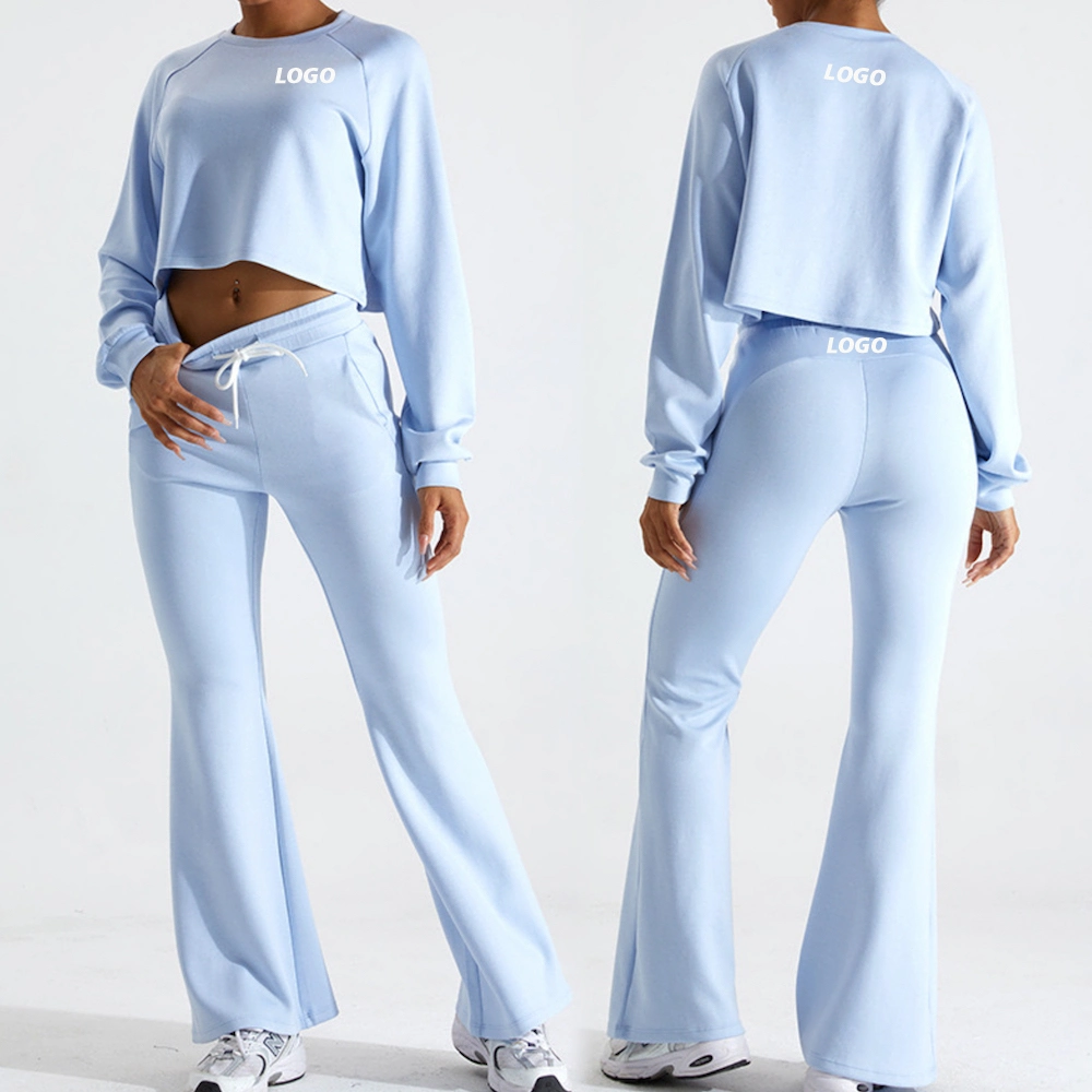 Wholesale/Supplier 2 Piece Casual Sweatsuits Crop Pullover Long Sleeve Sweatshirt with Flared Jogger Pants Lounge Set, Customize Loose Outdoor Athletic Apparel for Women