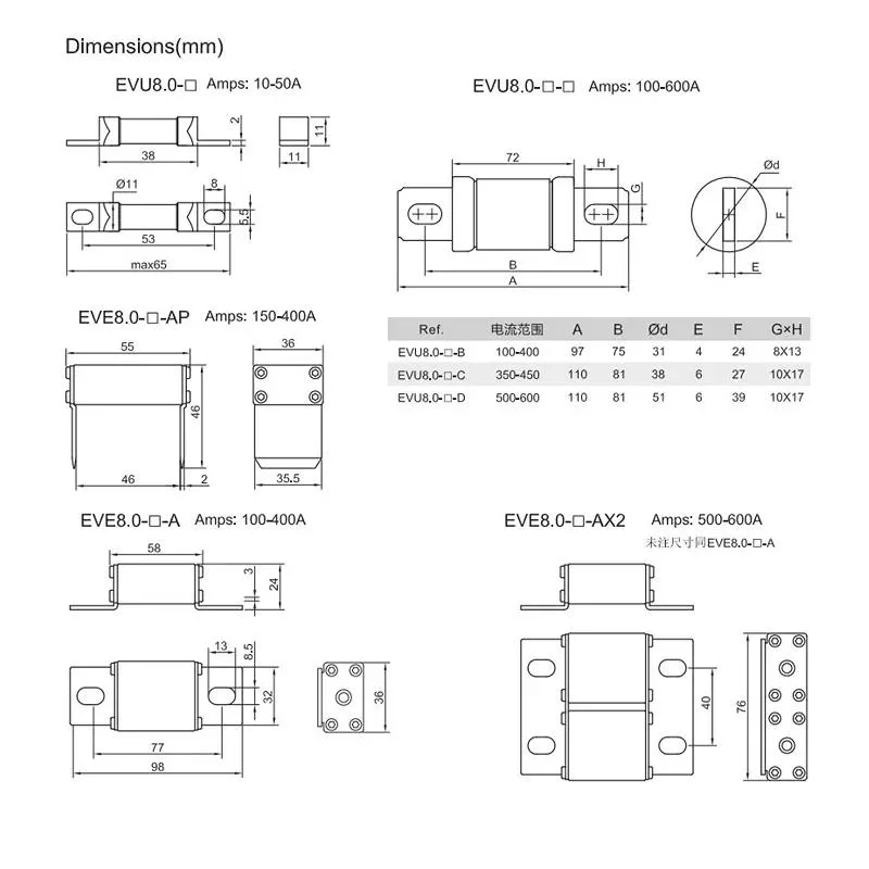 DC800V400A Fuse  EVU8.0-400A Electric Car Fuse