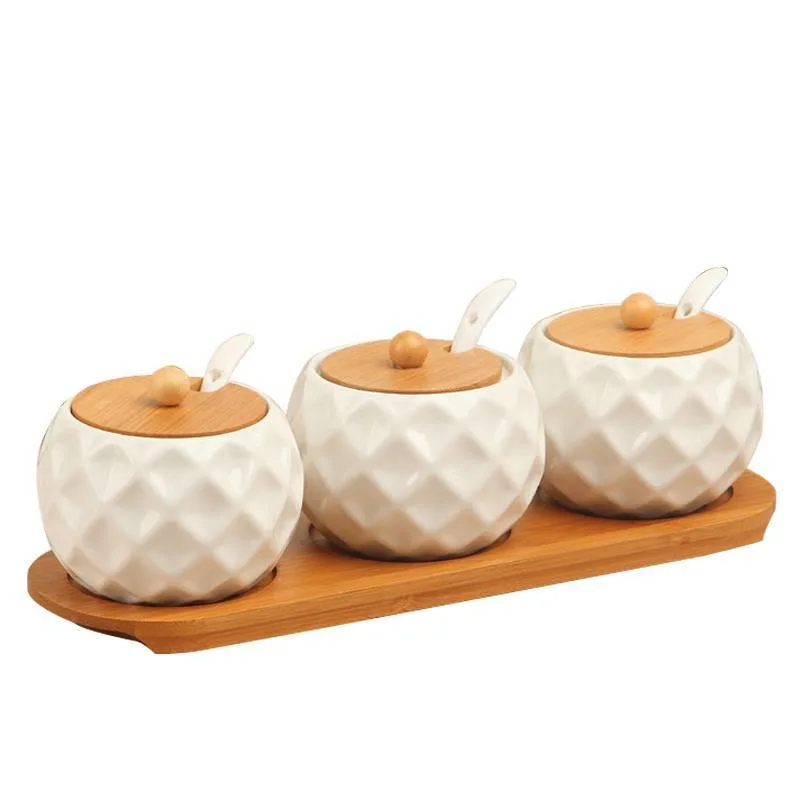 Conjunto de 3 peças de copo de tempero Bamboo Ceramic Spice