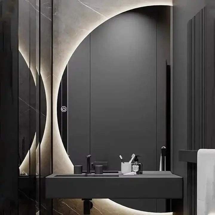 Quarto com 1 banheiro decorativo na parede, toucador com meia lua, iluminado por LED, inteligente Espelho