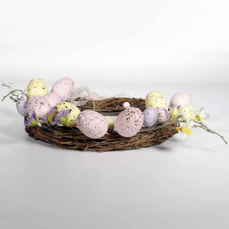 Spring Decor Easter Egg Rattan Wreath with Wood Bunny Mini Rabbit Easter Animal Ornaments Lovely Silk Bow Knot Easter Decoration