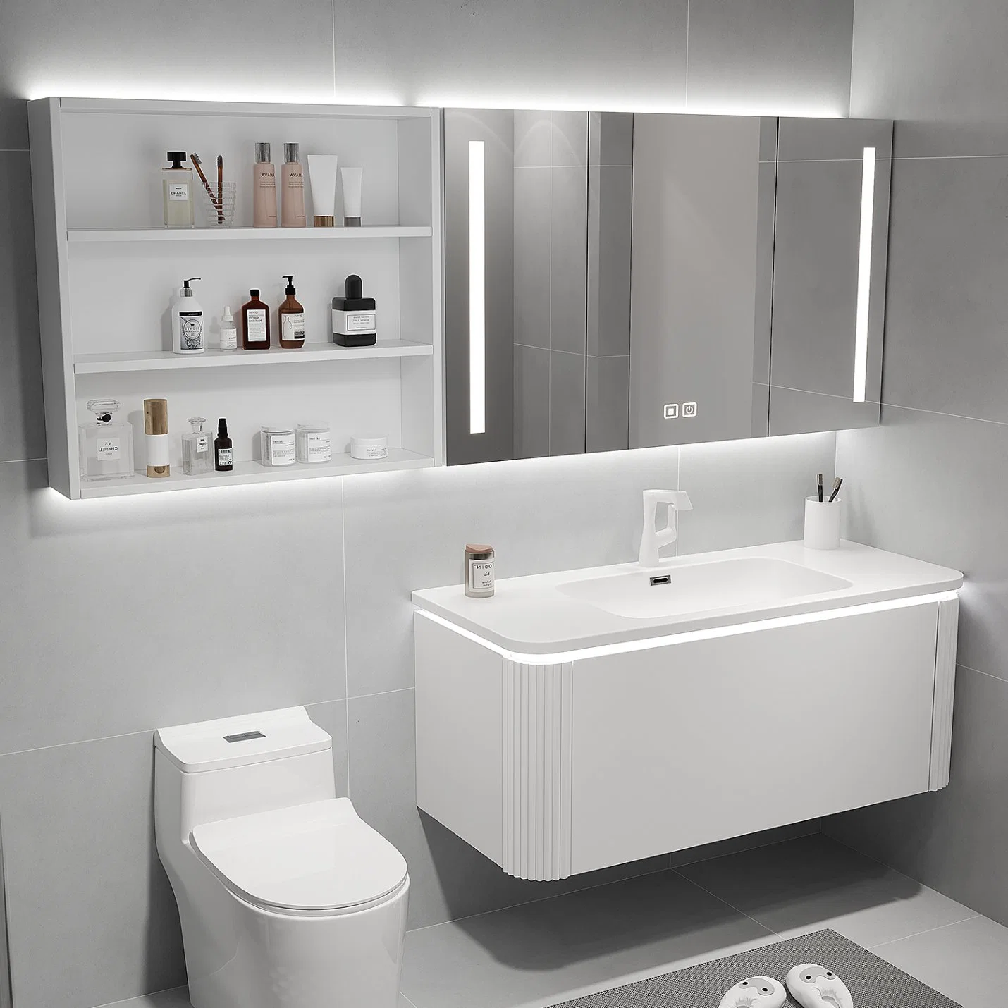 Lavabo de cerámica de una pieza con cabina de baño de luz LED