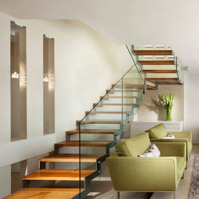 Modern Villa Design Double Stringers Zig Zag Beam Steel Wood Stair