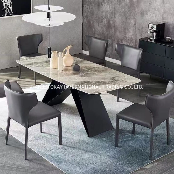 Modern Contemporary Nordic Stainless Steel Rectangular Ceramic Marble Top Dining Room Table Mesas Sets Furniture with Chairs