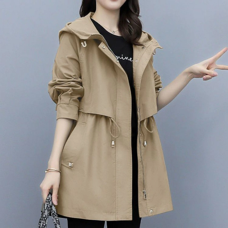 Women's MID Length New Korean Windbreaker Slim Fit Hooded Ajustable Trench Coat