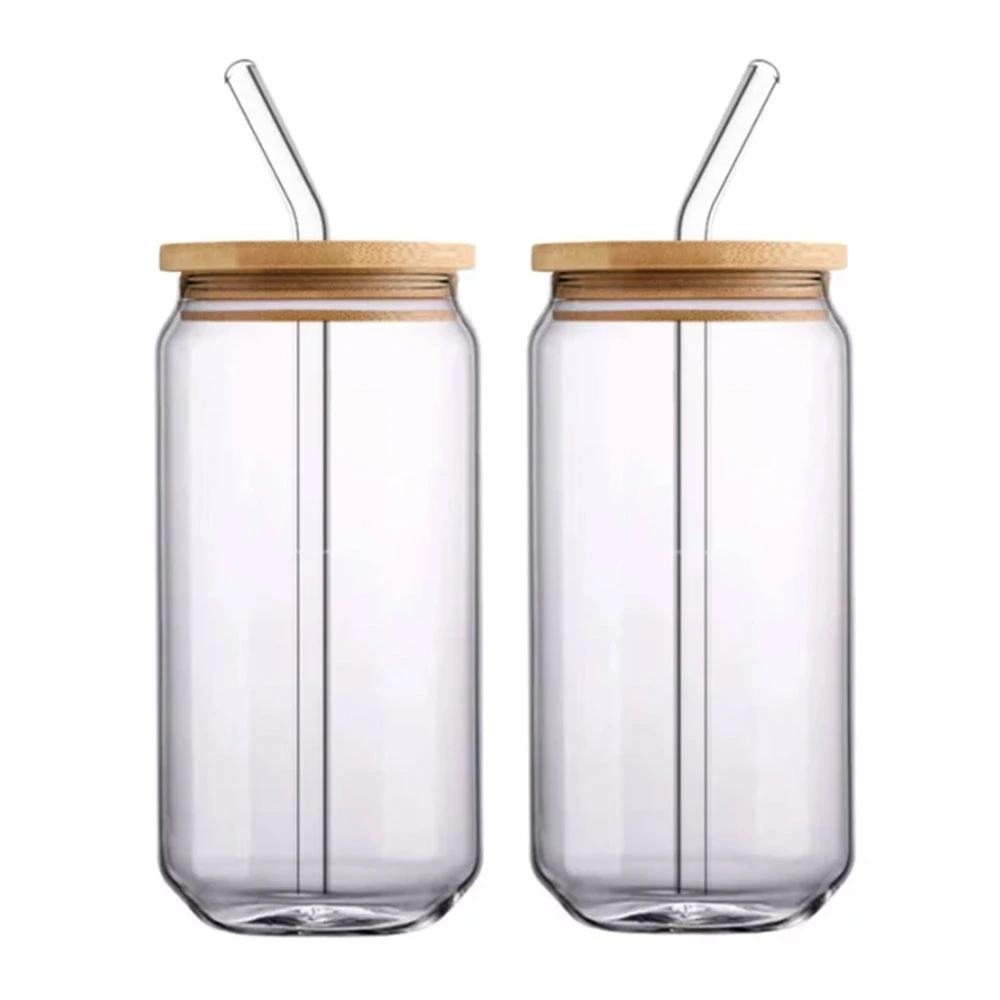 Wholesale/Supplier Custom Logo Borosilicate Clear Milktea Coffee Beer Steins Can Shaped Glass Cup 16oz Beer Mugs with Bamboo Lid