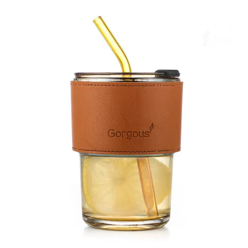 High-Color Drinking Glass with Straw, Colored Bamboo Cup with Lid, Luxury Ins Portable Drinking Glass