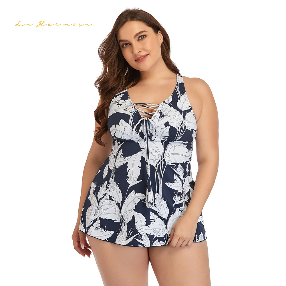 Summer Women Plus Size Two-Piece Swimwear Bathing Suit Wholesale/Supplier V Neck Strap Swimsuit Skirt Swimsuit with Boxer Shorts Beach Dress