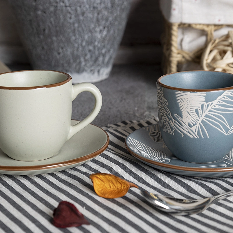 Light Green Stoneware Coffee Cup and Saucer Set with Underglaze Pad Printing with Brown Rim