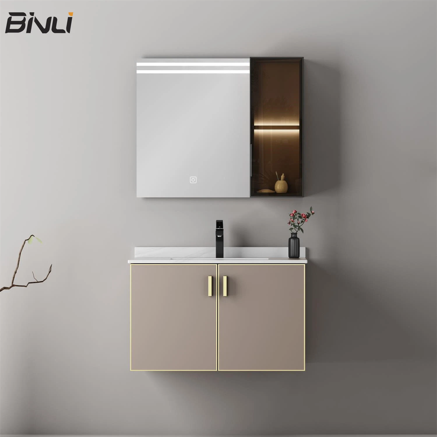 High Quality Solid Wood Plywood Double Doors Bathroom Basin Cabinet Vanity Sets with Smart Mirror, Countertop