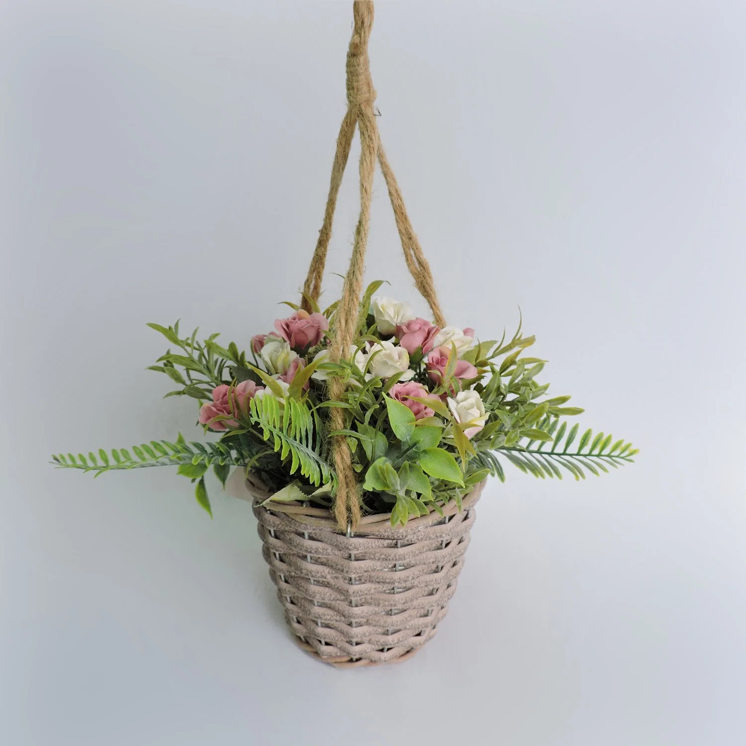 Fabric Mini Rose Artificial Floral Arrangement in Hanging Plastic Basket