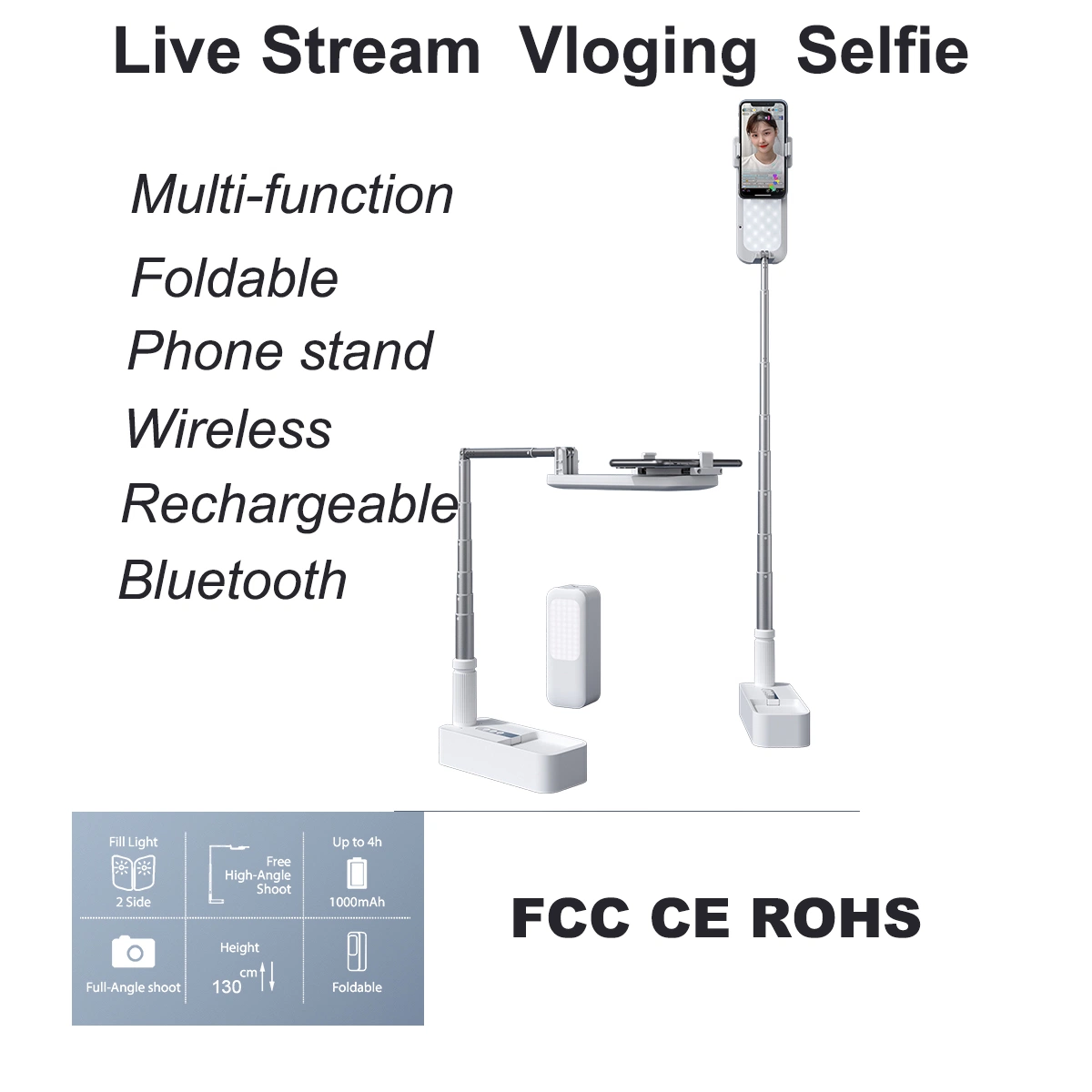 Selfie Stand, 360&deg; Rotation with Two Phone Stickers, Rechargeable Wireless Live Streaming Youtube Tiktok Vloging Video