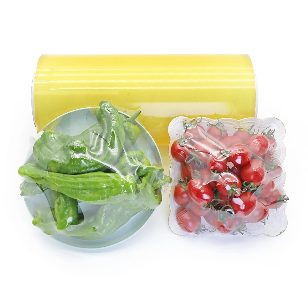 Lebensmitteltauglicher PVC Lebensmittelfolie hochelastischer transparenter Frischhaltefolie Klare Wasserdichte Kunststoff Verpackung Material Verpackung Film Stretch Film Jumbo Rolle für Lebensmittelverpackungen