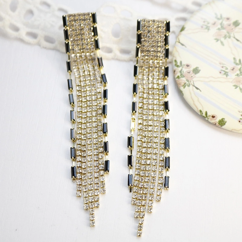 Wholesale Long Earrings Jewelry Gold Plated Bling Crystal Rhinestones Tassel Drop Earrings for Women