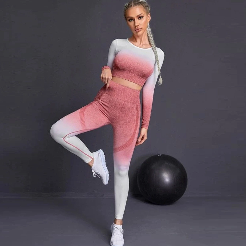 Seamless Women Sports Suit Fitness Gradient Yoga Set Push up Workout Gym Leggings Running Clothing Tracksuit Sportswear