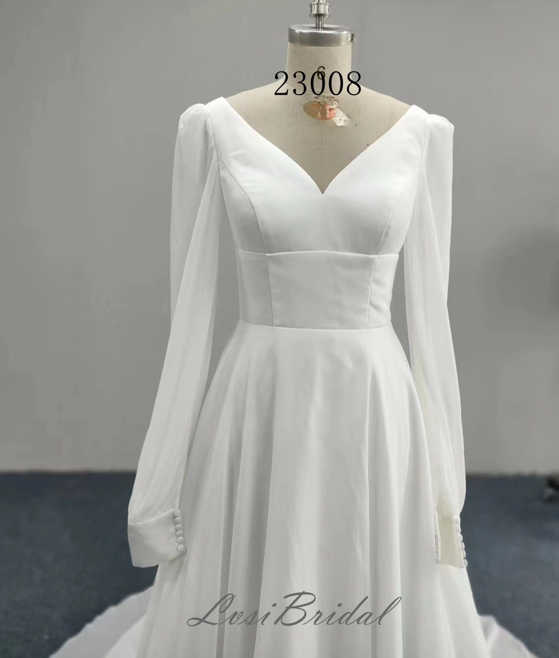 23008 V Neckline Plain Chiffon Fabric Wedding Dress with A-Line Skirt Dress Evening Dress Foreign Trade Simple Style