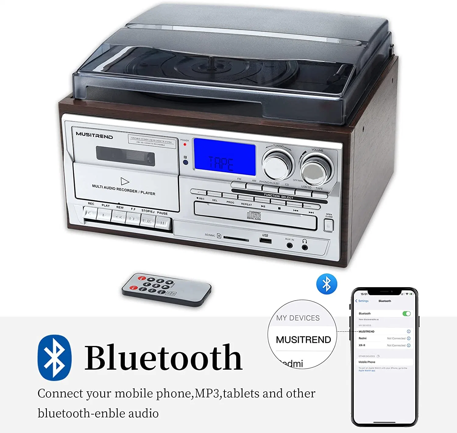 مشغل التسجيل من الفينيل USB SD FM راديو Retro Gramophone