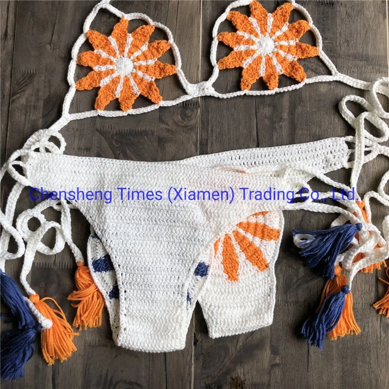 Colorful Stripe Bikini Girls Women Handmade Knitted Crochet Tassl Sexy Bikini Two Piece Swim Wear Beach Wear