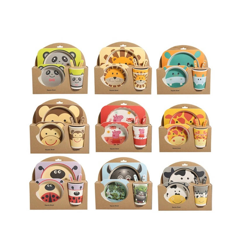 5 in 1 Cartoon Feeding Tableware Bamboo Fiber Dinner Set