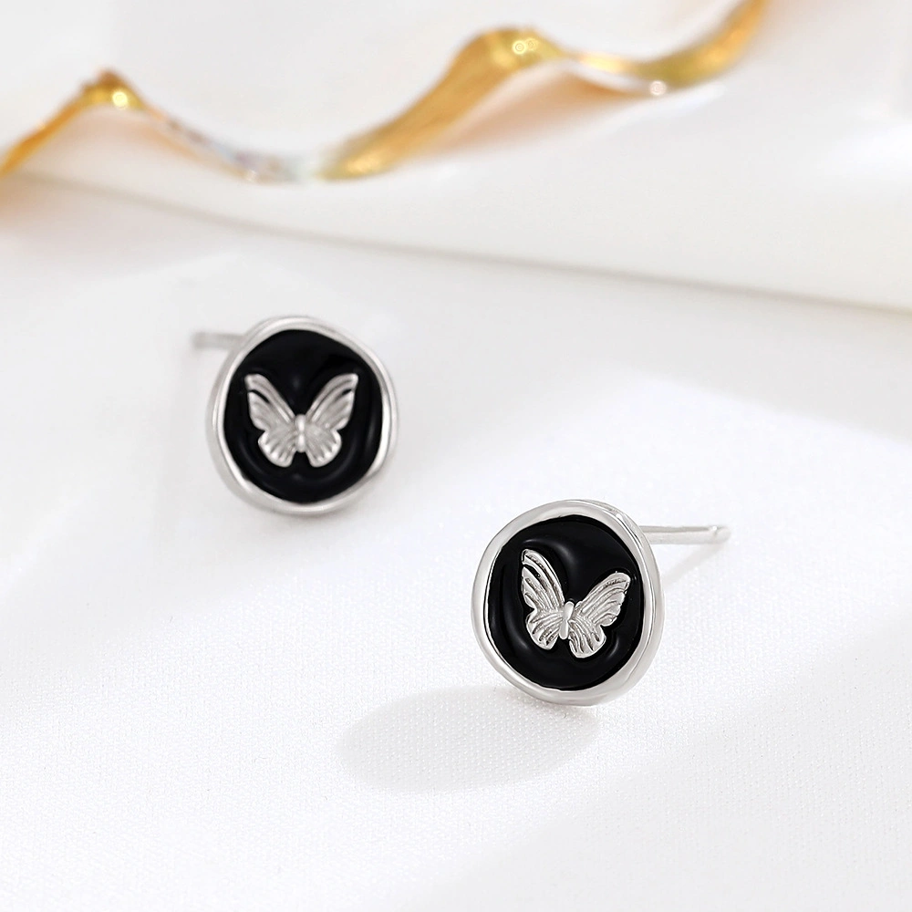 Vintage S925 Silver French Sweet Enamel Black Lacquer Butterfly Earrings