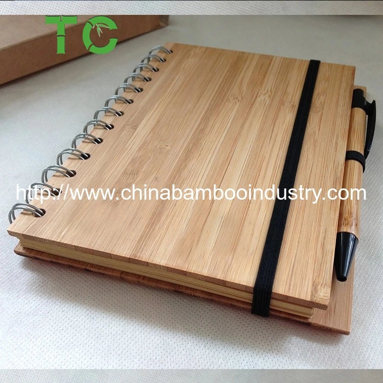 Ecoy Hot Sale Eco-Friendy Custom Logo Wooden Bamboo Cover Spiral Notebook with Ball Pen for Gift