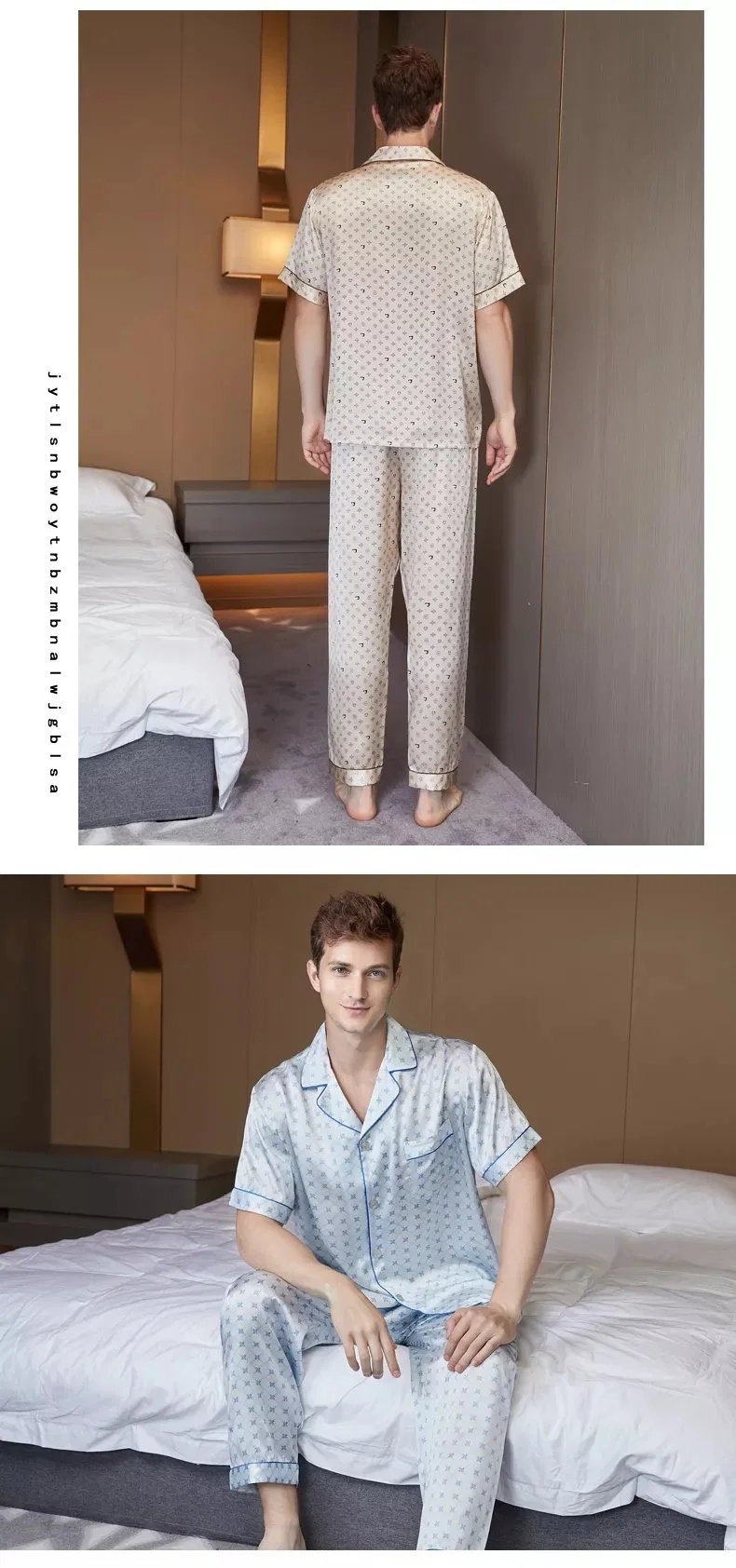Roupa de dormir de seda masculina de luxo Conjunto de pijama de seda macia.