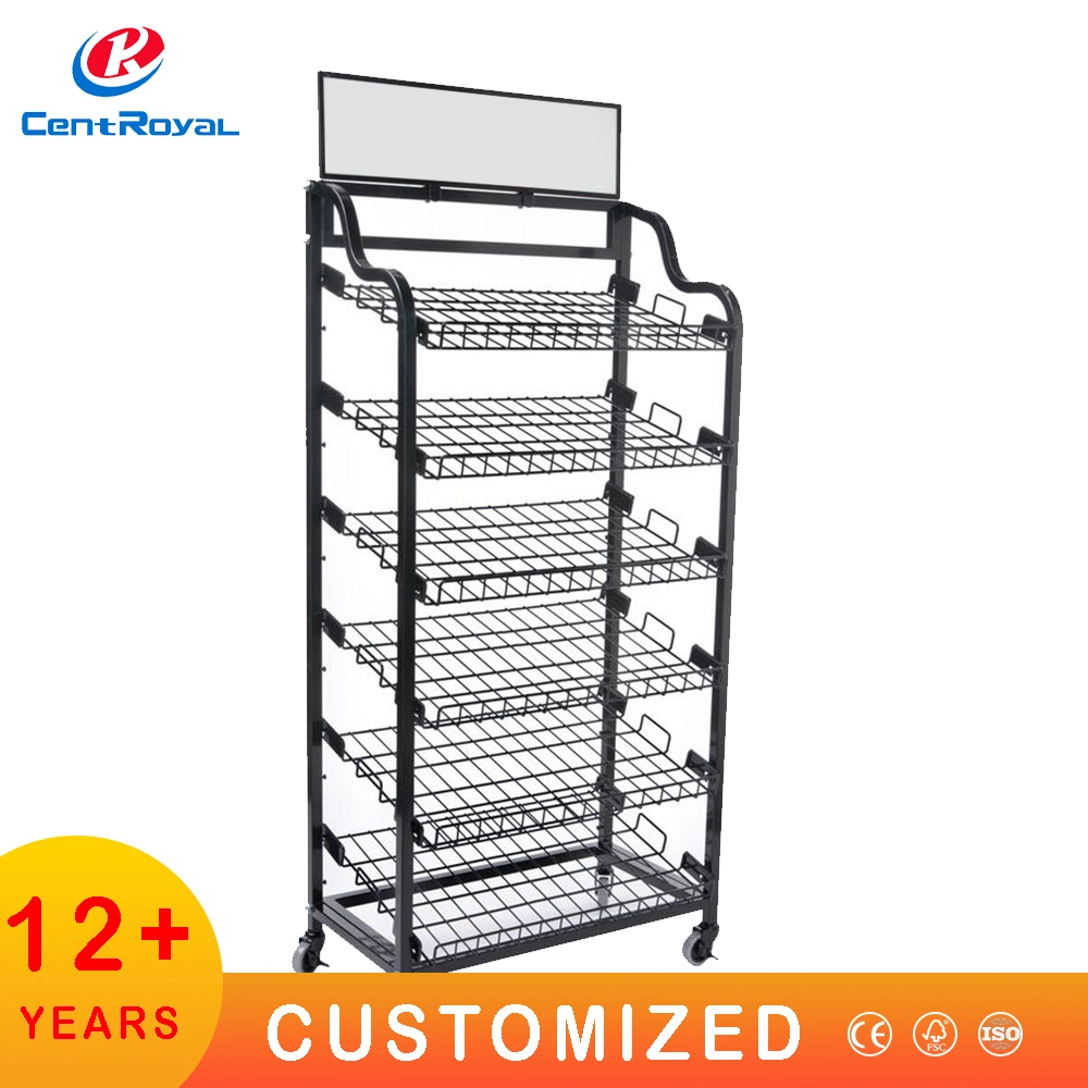 Metal Wire Bottle Candy Potato Chip Food Super Market Snack Display Racks Basket Snacks Display Stand Moving Wheel Floor Stand Food Display Rack