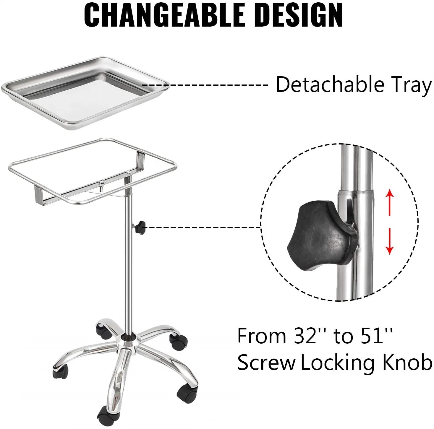 New Arrival Adjustable Storage Tray Cart Table Hotel SPA Hospital Salon Dental Tray with Wheels