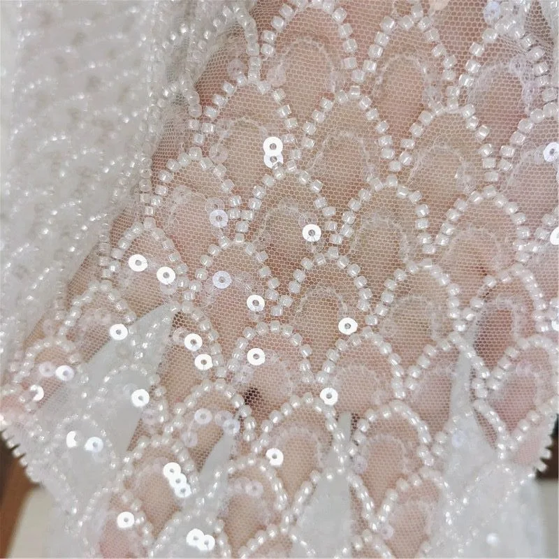 White Color Beaded Lace Pearl Fabric with Mesh Embroidered Tulle for Party Dress Wedding Dress