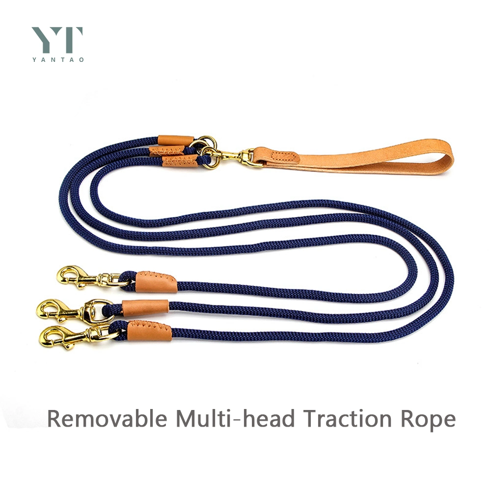 New Design Pet Product Durable Nylon Dog Rope with Luxury Leather Handle Multi Head Rope Detachable Traction Pet Rope for One to Three Pet Dogs