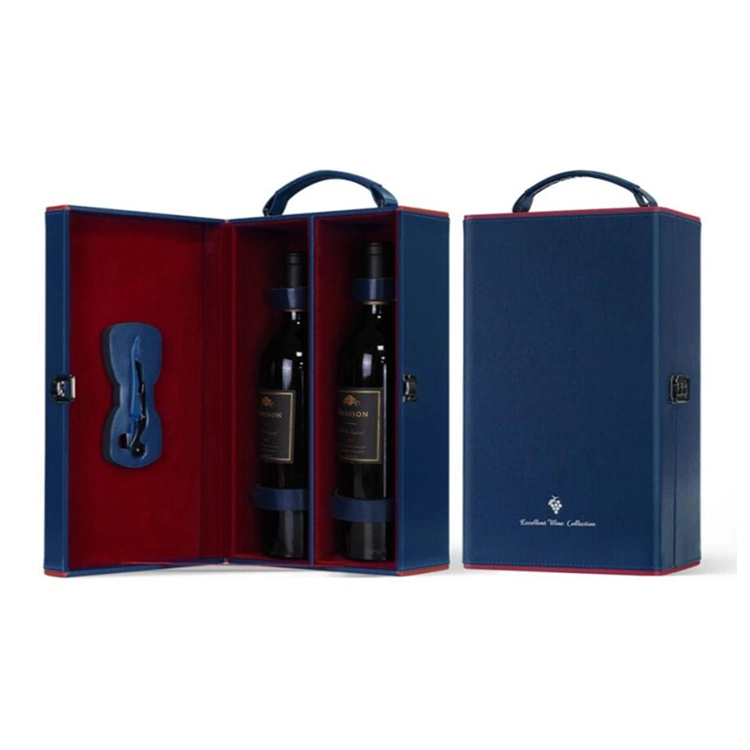 Wholesale Diamonds Decorate Blue Leather Wine Gift Box with Corkscrew for Double Wine Champagne Bottle Packing
