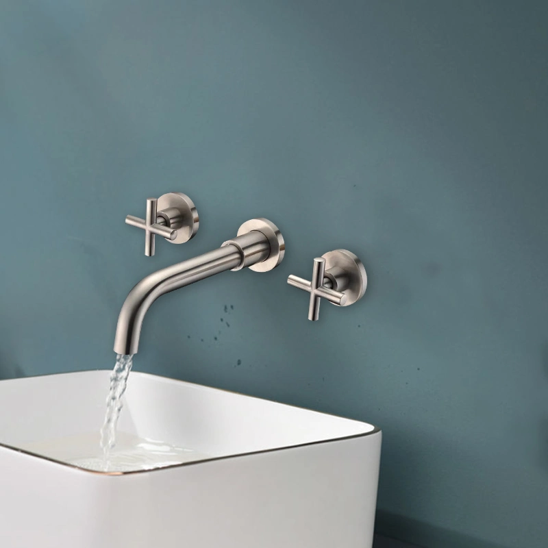 Three Hole Brushed Gold Wall Mounted Basin Faucet Taps Mixer