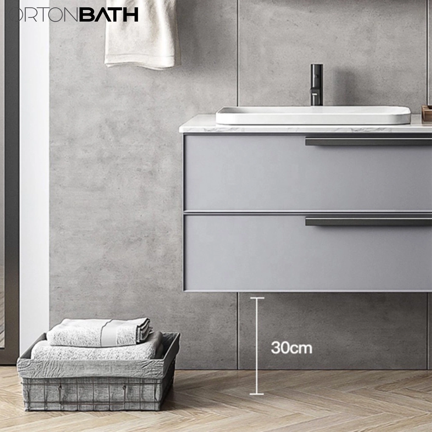 Ortonbath Grey Modern Wall Mount Ceramic Sink Bathroom Double Layer Wood Vanity Unit Cabinet Artificial Stone Bathroom Furniture with Mirror Cabinet