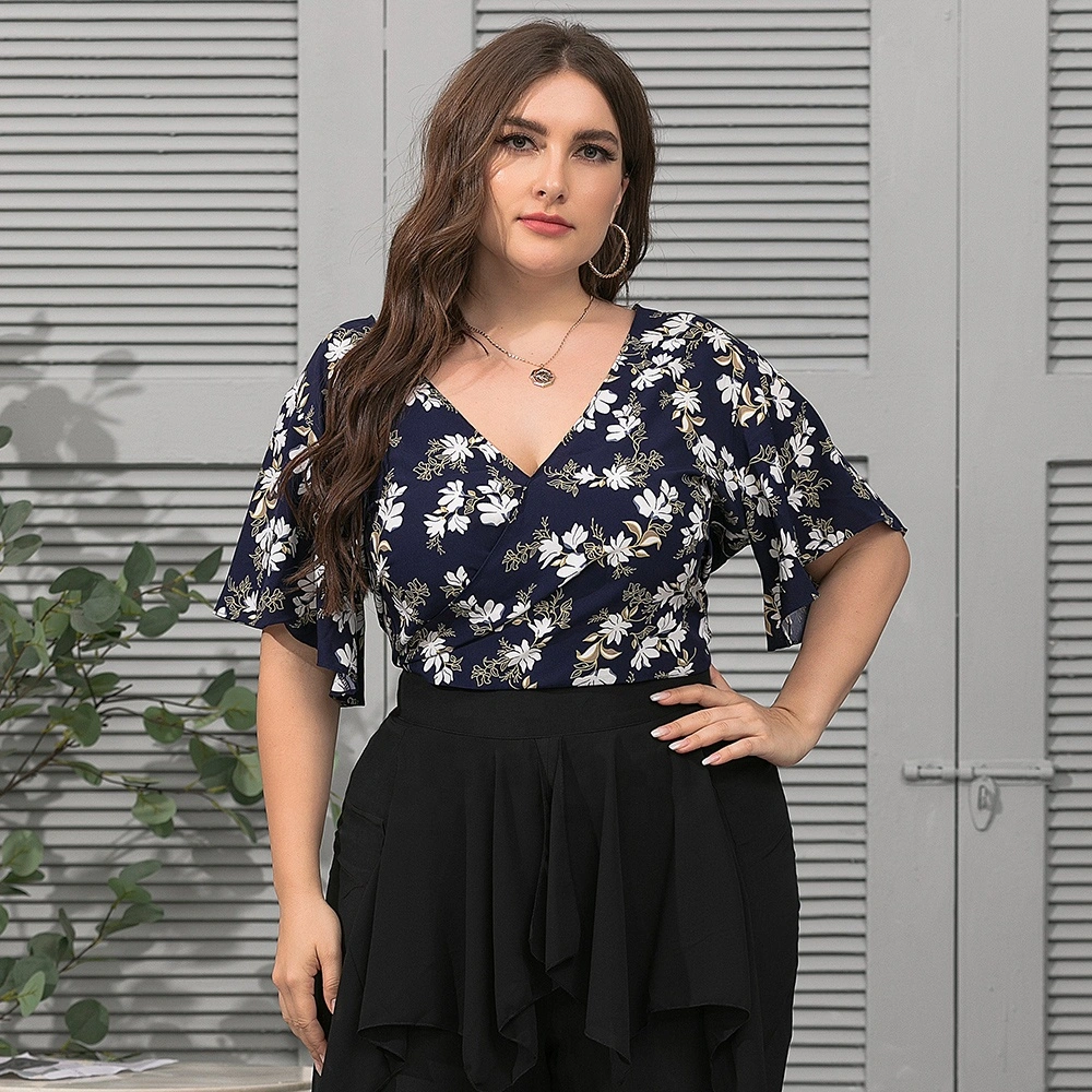 Plus Size Fashion Style Casual Deep V-Neck Floral Print Sexy Flying Sleeve Women Clothing