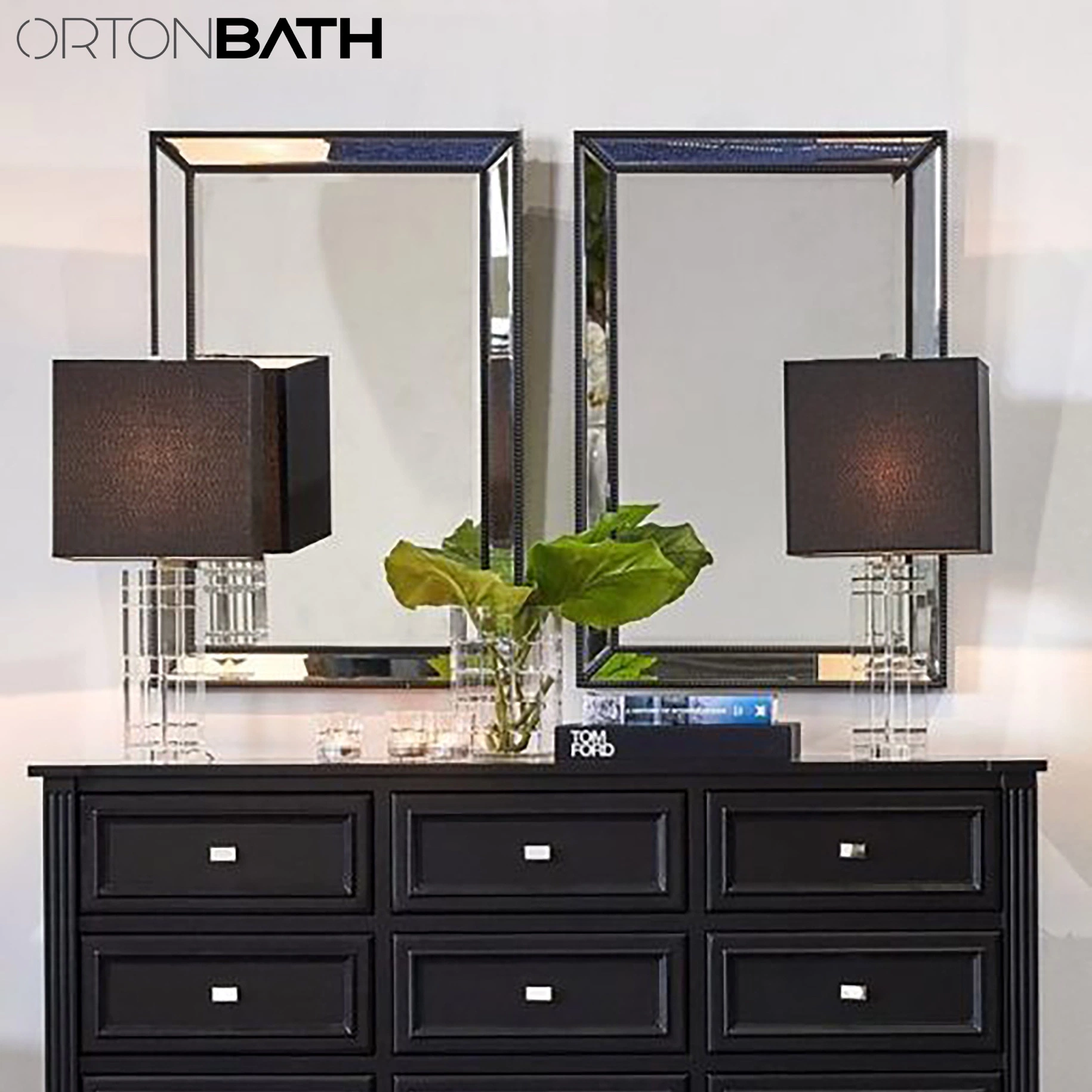 Ortonbath Rectangular Empire Art Direct Wall, Solid Wood Frame Covered with Beveled Multi Faceted Octagons Bars Modern Mirror for Bathroom, Vanity, Bedroom