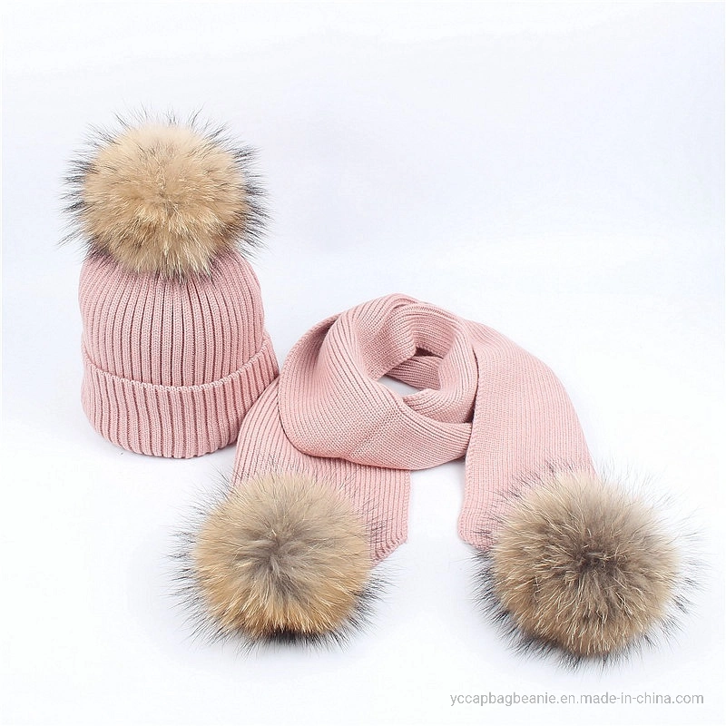 Warm Winter Strickpoms Damen Hut und Schal Set