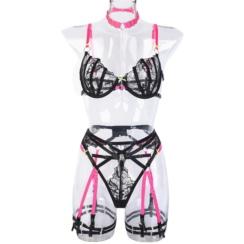 Autumn Multi-Color Patchwork of Cute Floral with Halterneck Sexy Lingerie Set