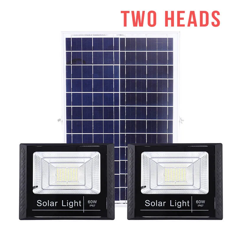 3500 Lumen Solar Powered Street IP67 Wasserdichte Fernbedienung Sicherheit Beleuchtung Zuhause Verwendung Energiesparen Produkt Outdoor 60W Solar Flood LED-Leuchte mit zwei Köpfen aufleuchten