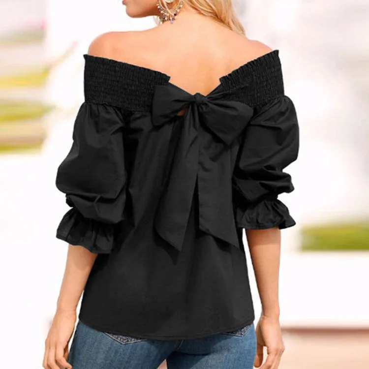 Sexy Long Sleeve Women's Crop Top Big Bow Top One Shoulder Blouse