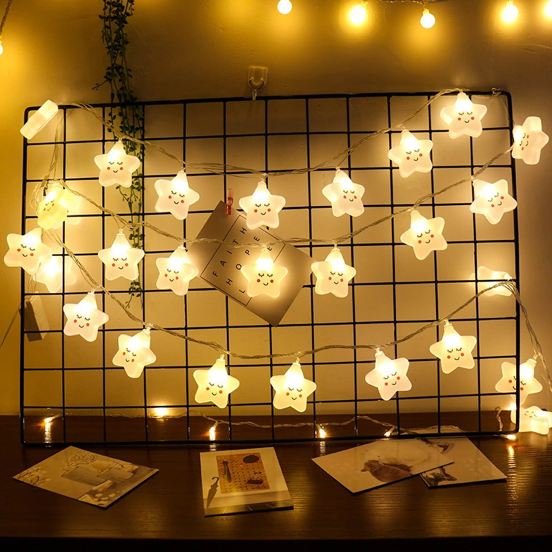 LED Solar Cara Sonriente Star Light String Cute Children's Room Bedroom Decoration batería USB LED de colores luz String Box