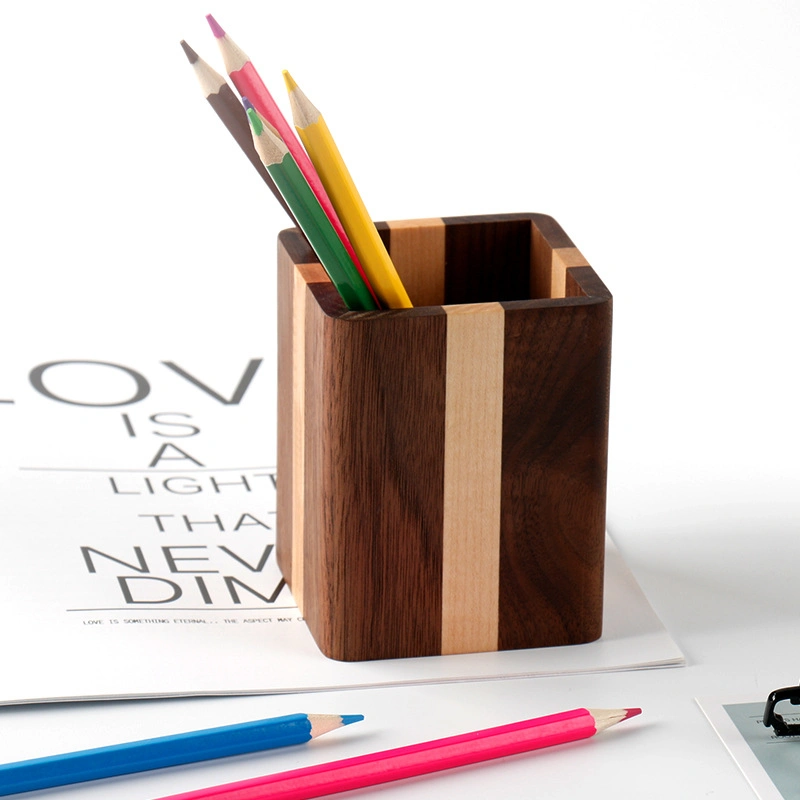 Natural Wood Desk Pen Holder Pencil Organizer Desktop Office Pencils Stand Holder