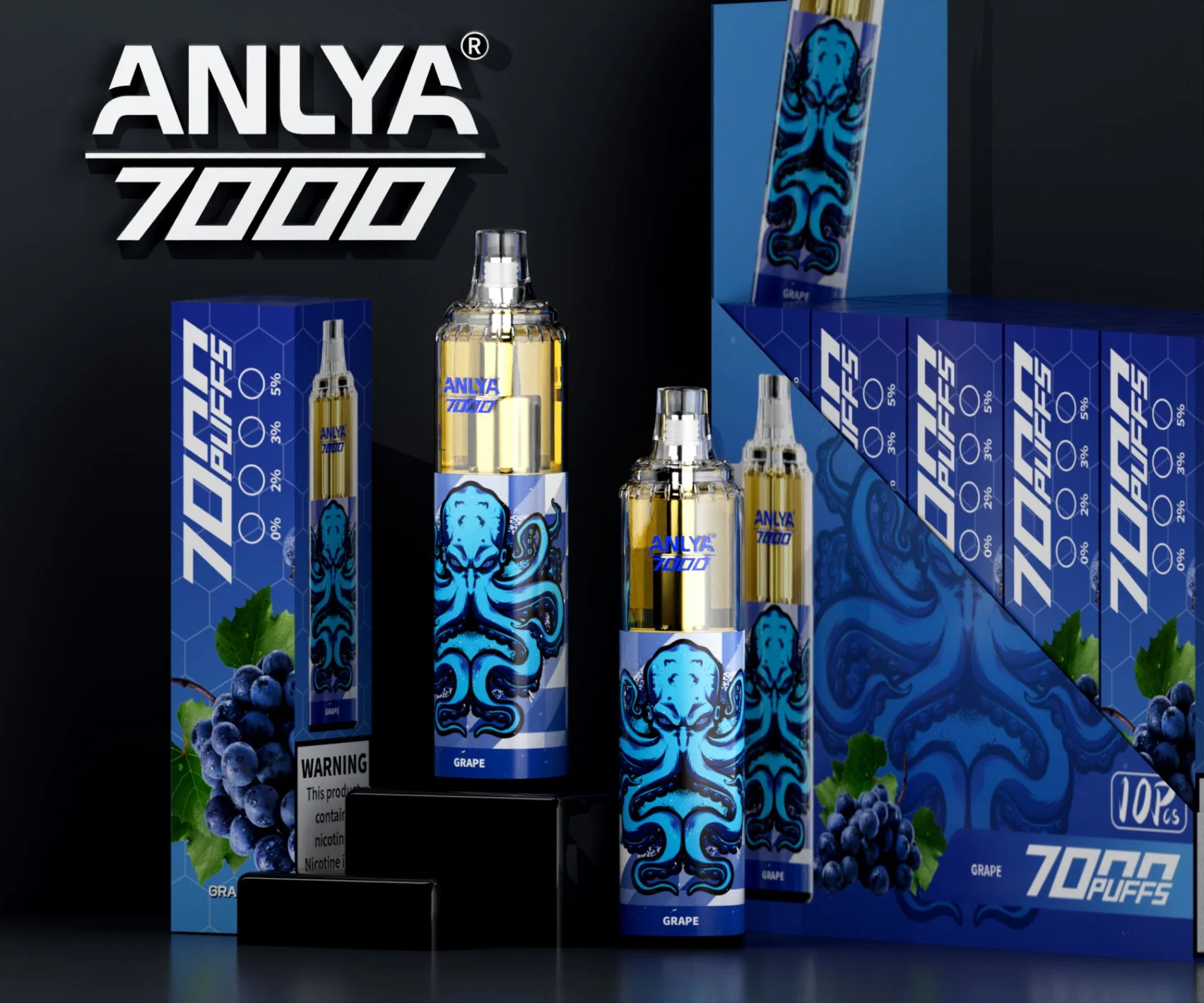 Anlya Randm Tornado 7000 Puffs Ecigarette Puffstab E-Liquid Pod Einweg-Vape 2% 3% 5% blinkend RGB 850mAh Typ-C wiederaufladbar Einweg-Ecig