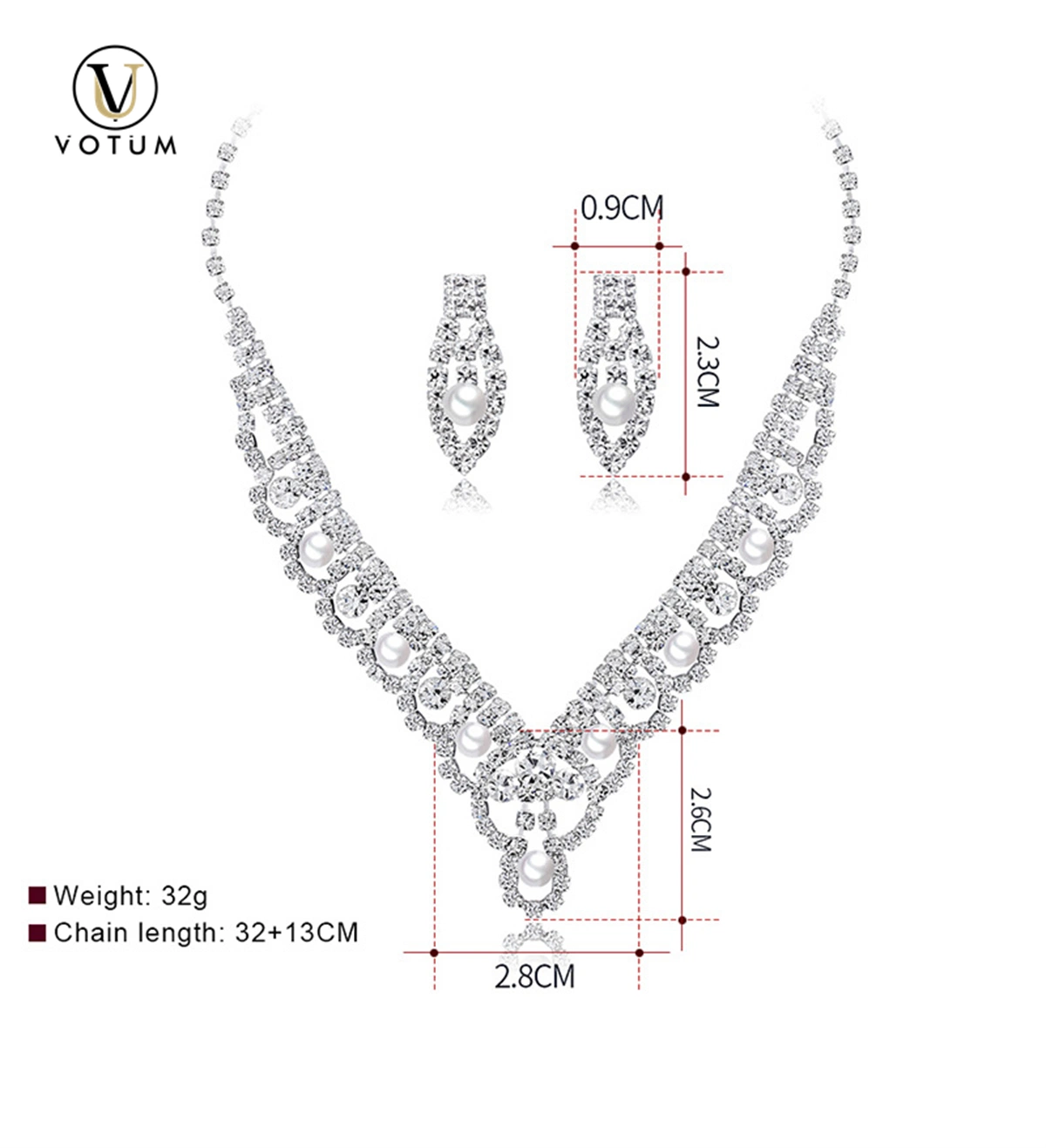 Votum OEM S925 Plata chapado en oro Moissanita diamantes Pearl Dangle Pendiente Collar Joyería conjunto Boda Fiesta Joyería