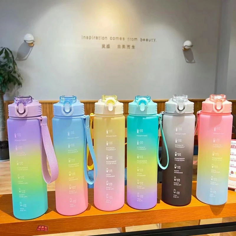 1000ml Daily Water Bottles with Times to Drink Pop-up Straw Tritan Water Bottle with Motivational Time Marker