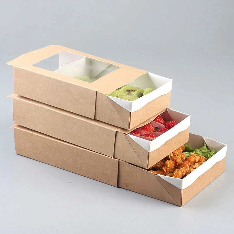 Disposable Kraft Paper Food Salad Container Box Packaging with Drawer Window Divider