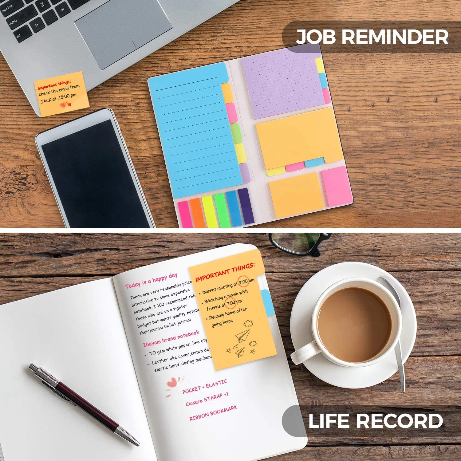 Sticky Notes Set with Divider Tabs - Parfait pour les agendas, les bullet journals et les fournitures de bureau.