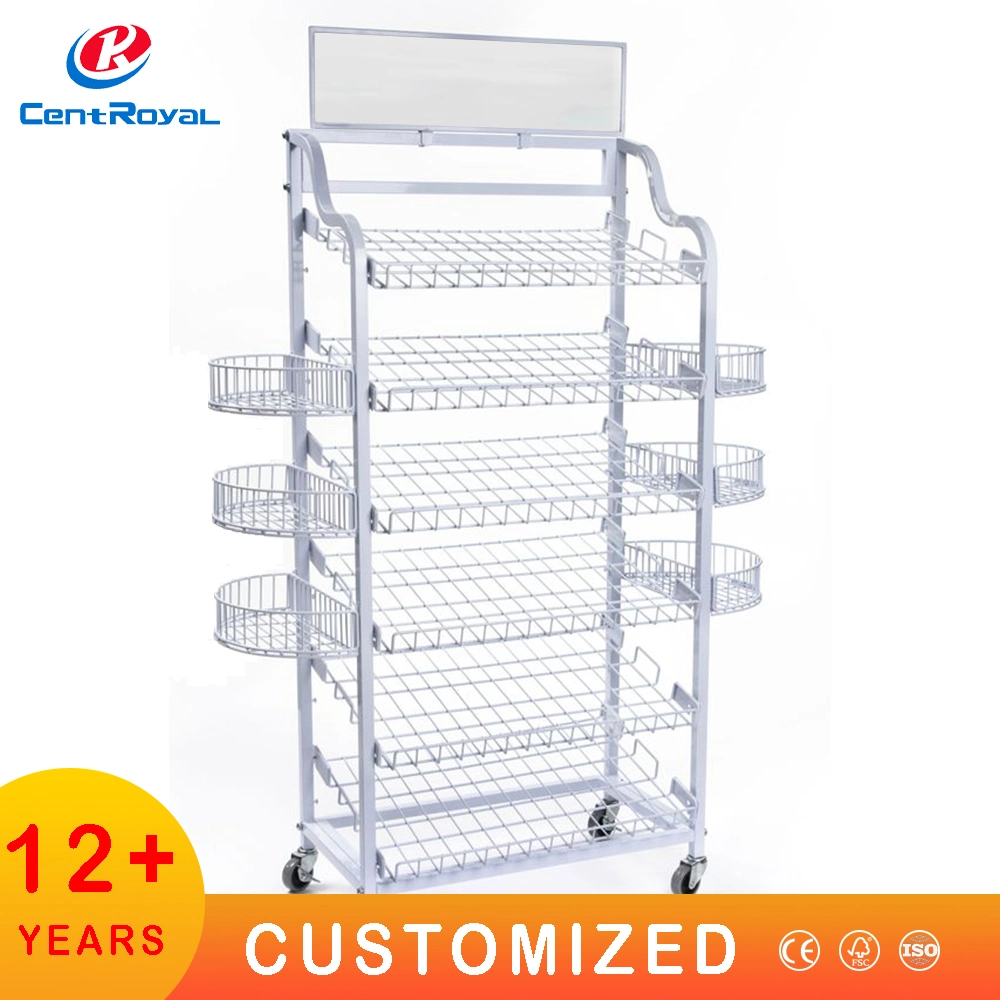 Metal Wire Bottle Candy Potato Chip Food Super Market Snack Display Racks Basket Snacks Display Stand Moving Wheel Floor Stand Food Display Rack