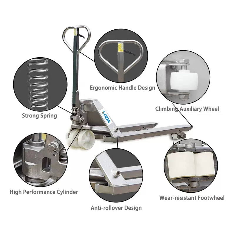 Transpalette manuel hydraulique haute qualité capacité 2 000 kg, manuel, inoxydable Transpalette en acier