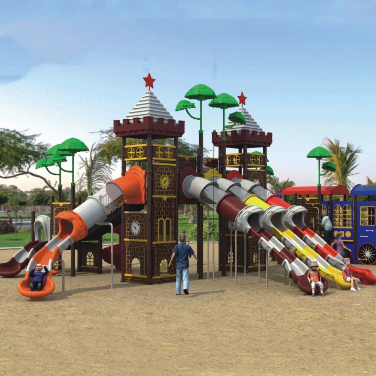 Customized Outdoor Playground Equipment, Children&prime; S Amusement Park, Large Plastic Slide